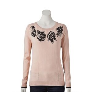 Elle Pink Beaded Rose Long Sleeve Pullover Sweater Womens Size Large $54